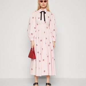 SISTER JANE Punnet Cherry Embroidered Midi Dress Long Sleeve in Pink in Size M